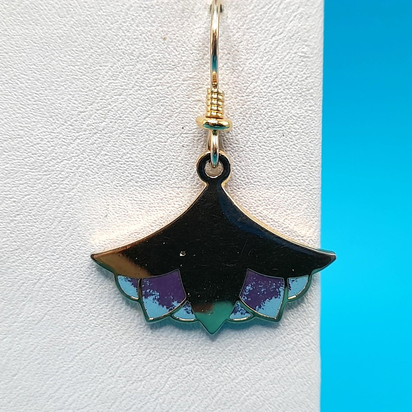 Laurel Burch "Nile Lotus" Drop Earrings, Gold Plated, Enamel Light Blue Purple, 1980s Vintage Jewelry
