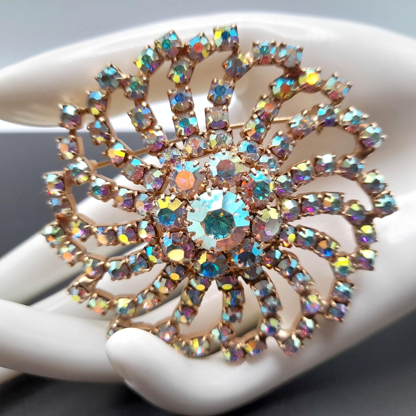 Mid-Century Aurora Borealis Rhinestone Brooch, Gold Plated, 1960s Vintage Jewelry