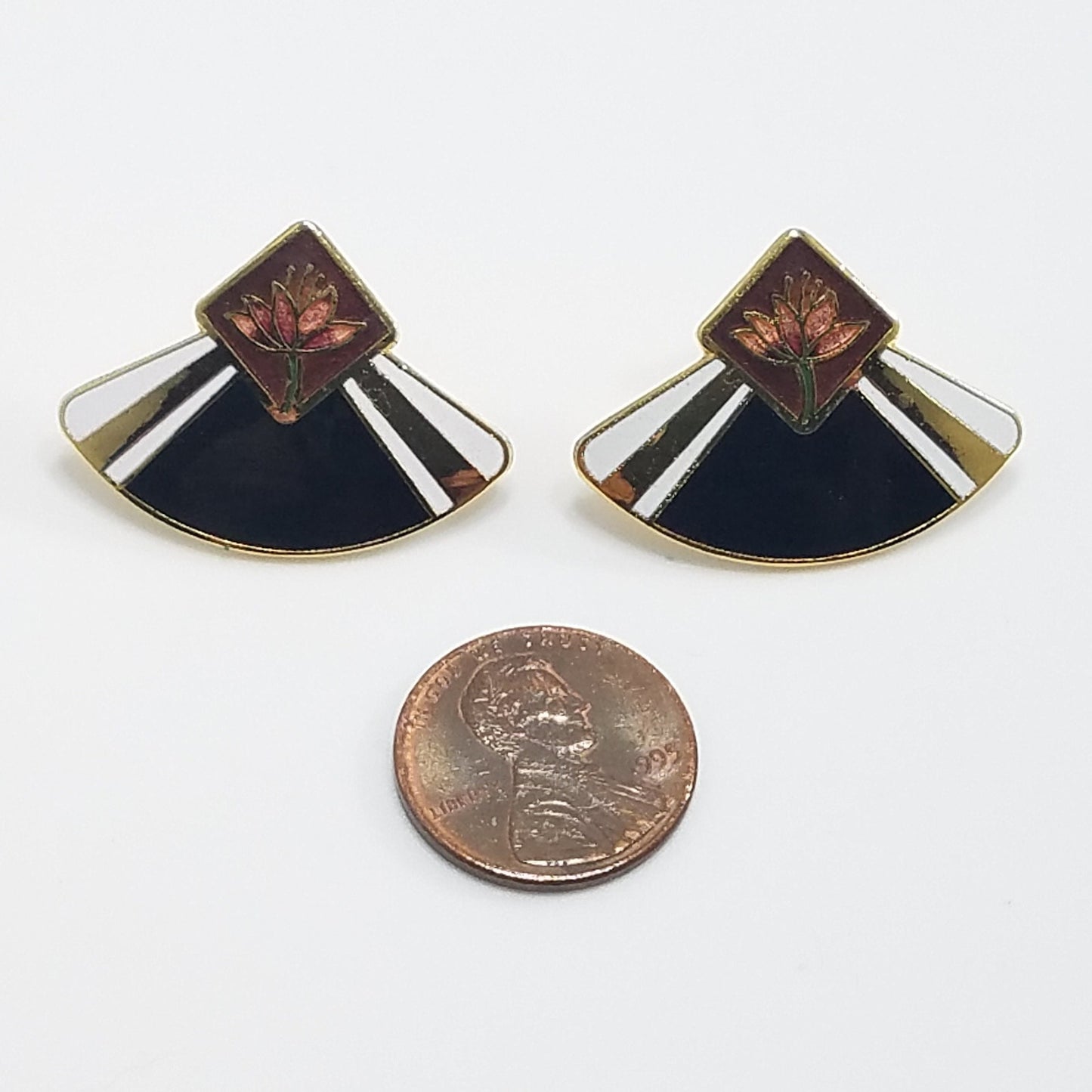 Vintage Laurel Burch WATER LILY Fan Gold Cloisonne Earrings, Gold Filled Posts