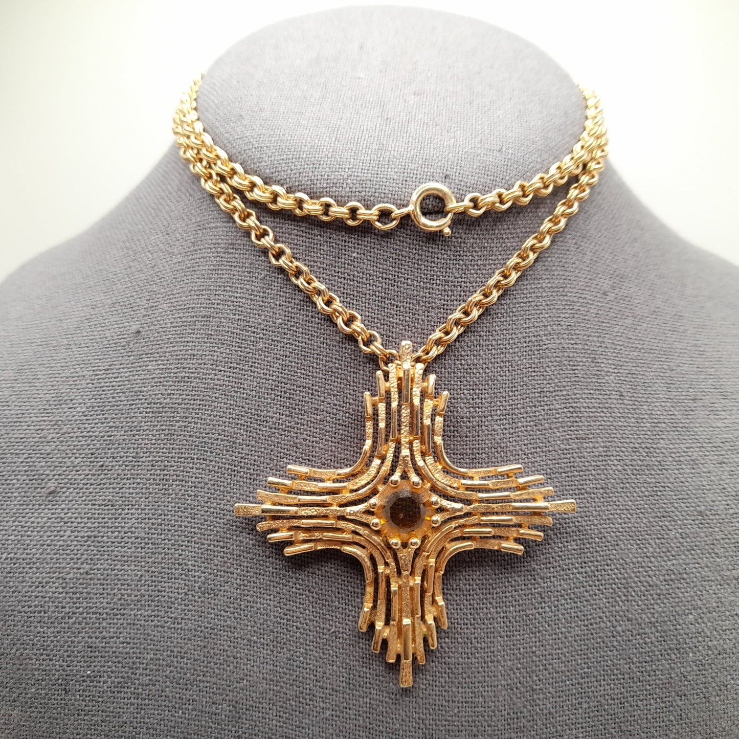 Vintage Sarah Coventry 1970s Yellow Rhinestone Cross Pendant Necklace