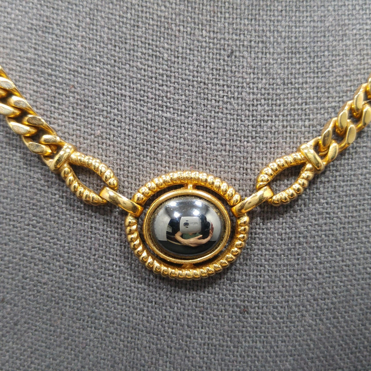 Louis Feraud Paris Gold Plated Pendant Necklace, Hematite Pendant, 1970s Vintage Jewelry