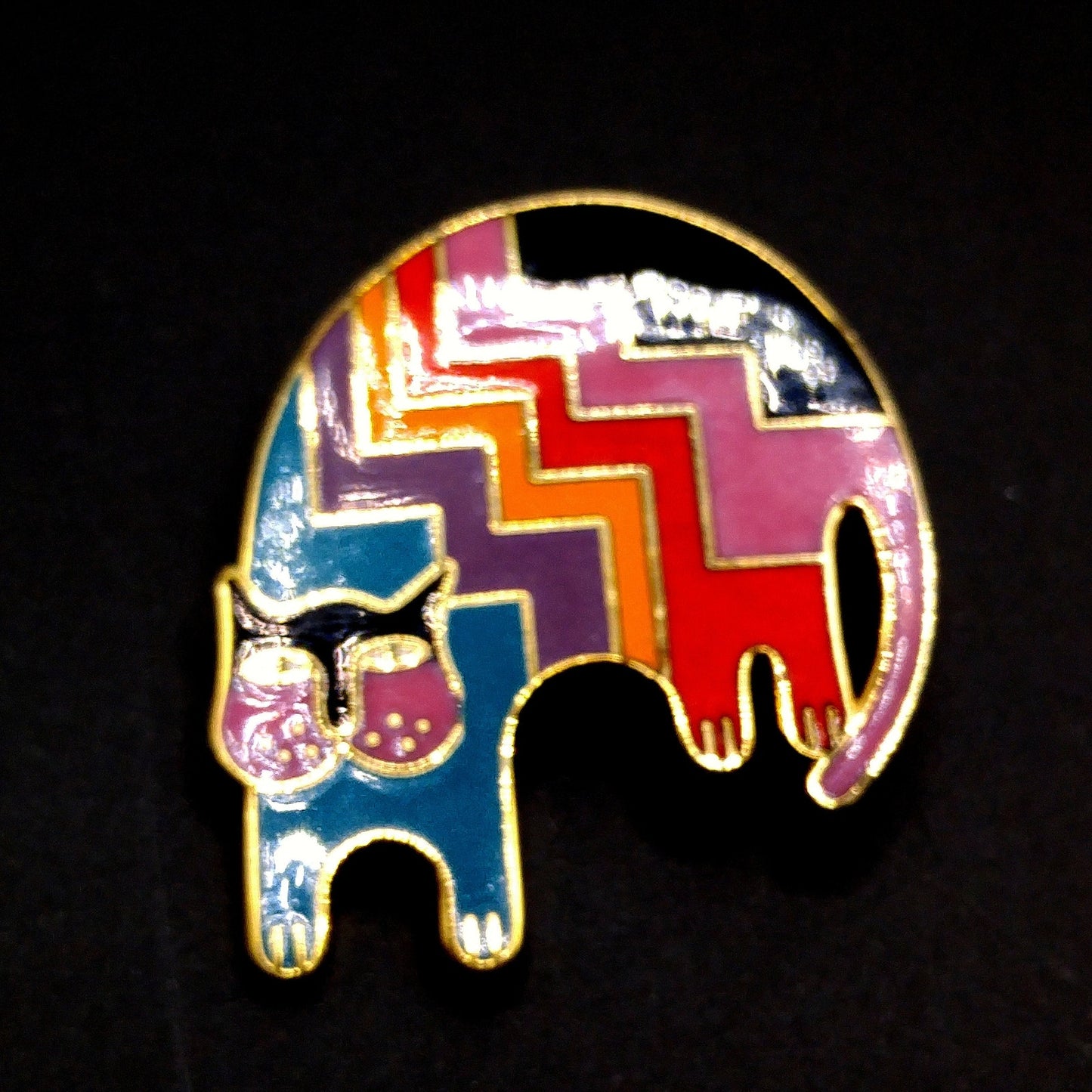 Laurel Burch "Aztec Cat" Brooch, Gold Plated, Rainbow Enamel, 1980s Vintage Jewelry