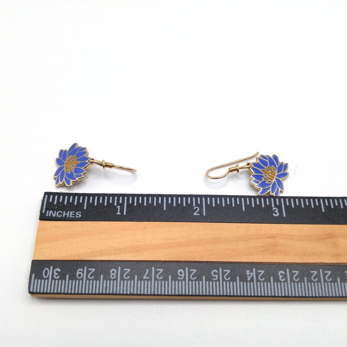 Vintage Laurel Burch Blue Orange Lily Earrings, Enamel Cloisonne, Gold Plated