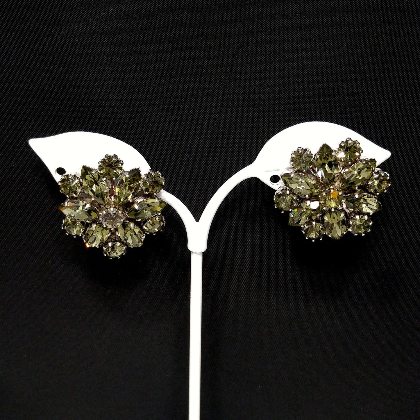 Weiss Dark Green Rhinestone Earrings, Silver Tone, Gold Plated, 1960 Vintage Jewelry