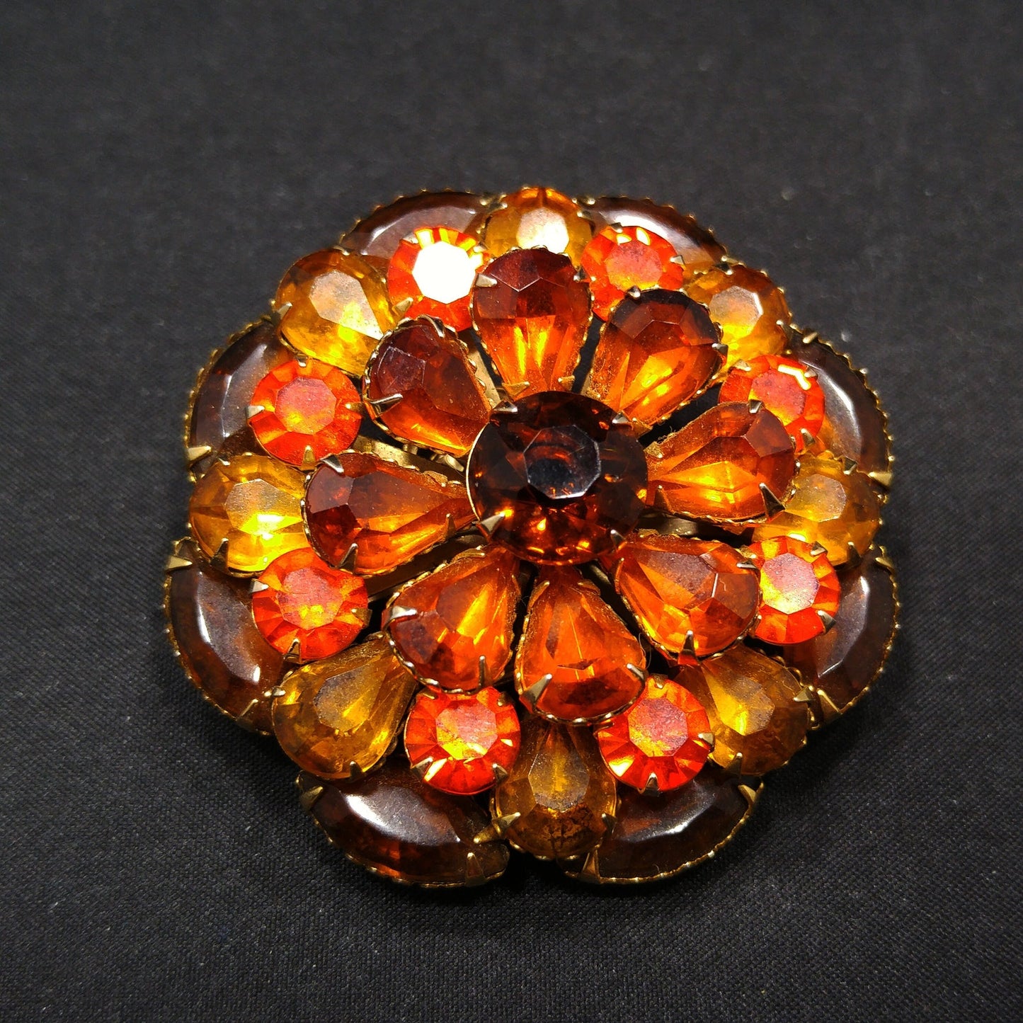 Autumn Fall Rhinestone Flower Brooch, Riveted Design, 1950s Vintage Jewelry