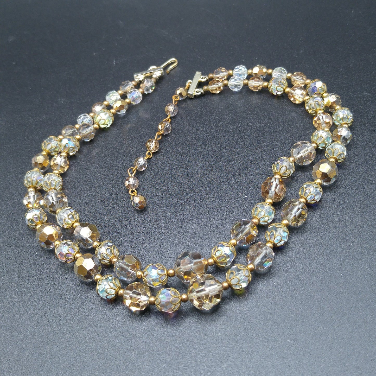 Clear Gold Crystal Beaded Necklace, Mid-Century Two Strands, 1960s Vintage Jewelry