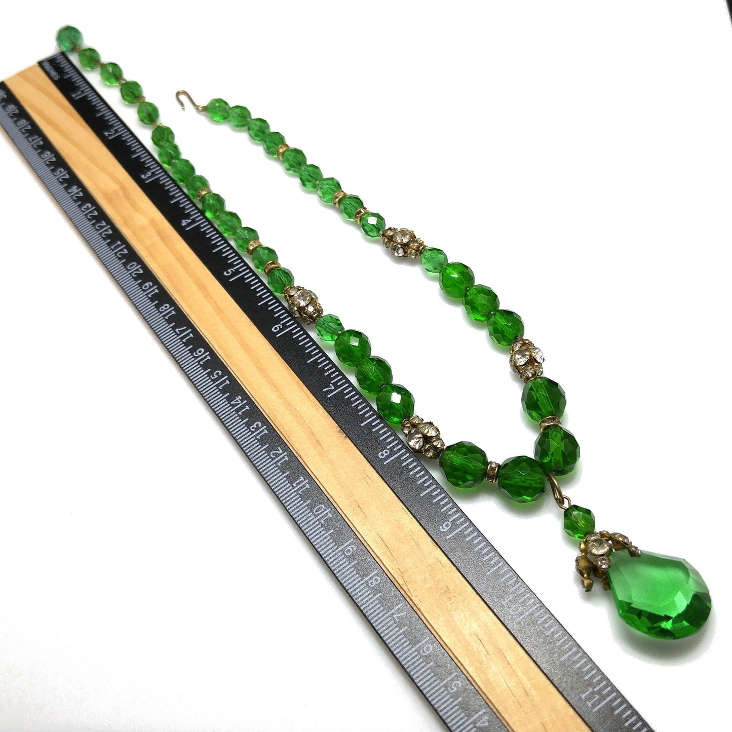 Green Czech Glass Pendant Necklace, Clear Rhinestones, 1950s Vintage Jewelry