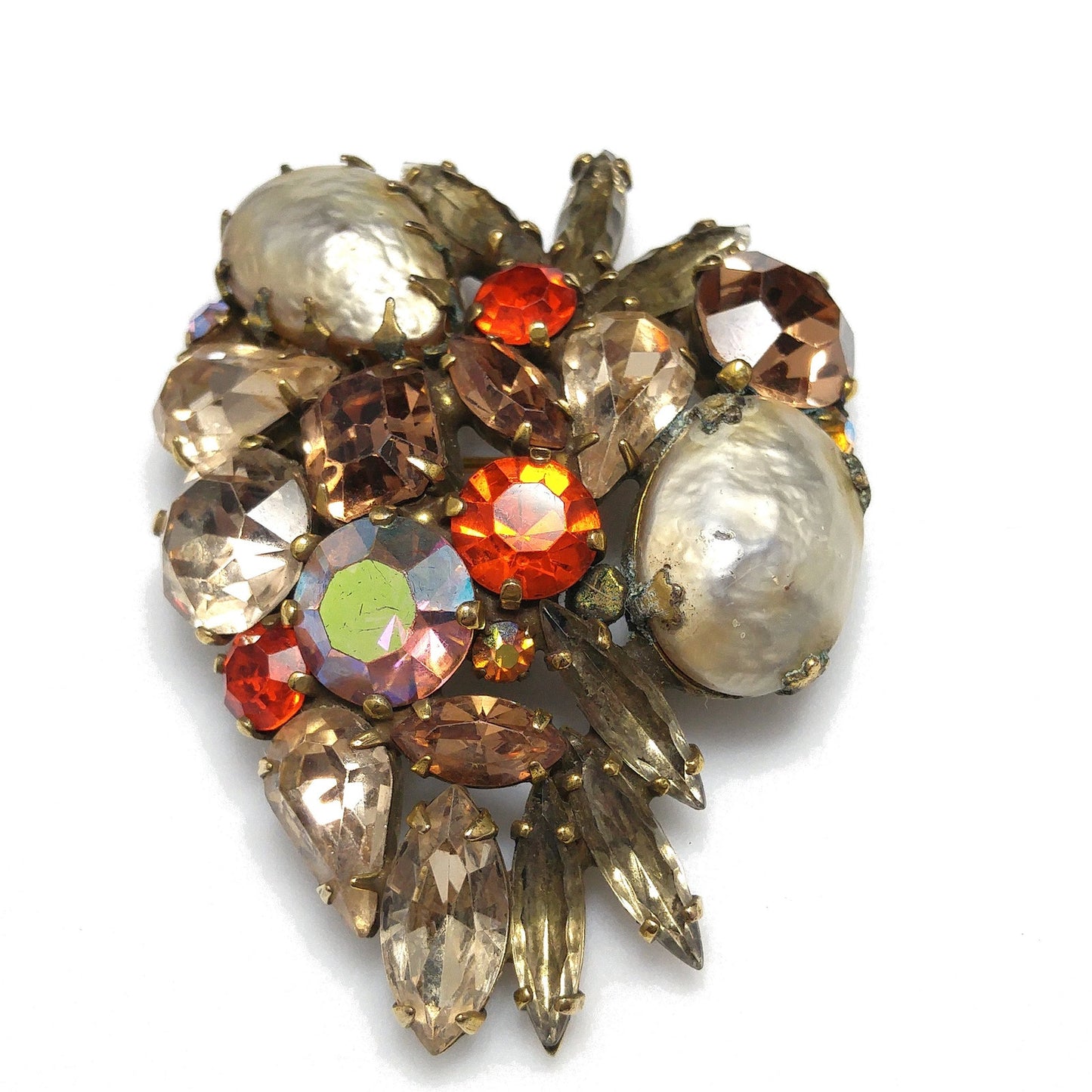 Weiss Faux Baroque Pearl Brooch, Orange Topaz Rhinestones Antique Gold, 1950s Vintage Jewelry