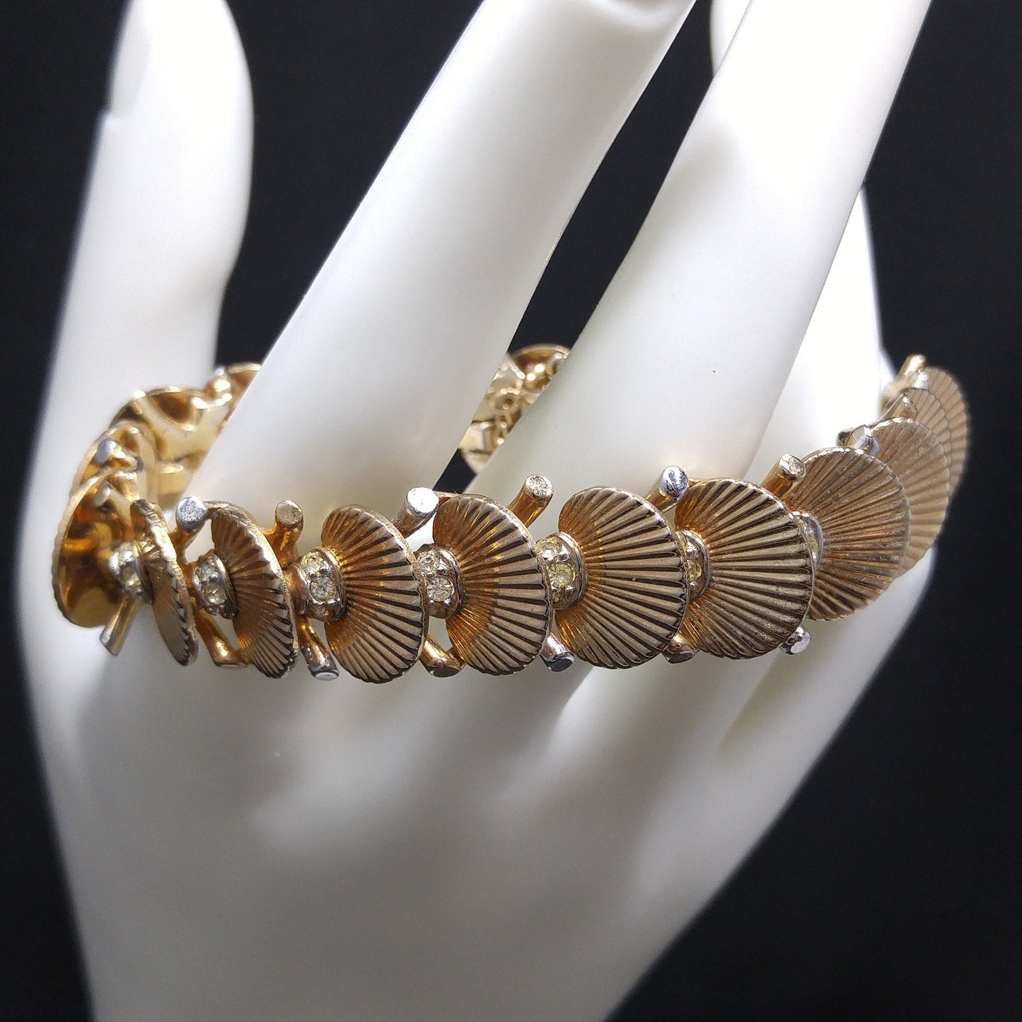Boucher Deco Fan Bracelet, Clear Rhinestones, Overlapping Links, 1960s Vintage Jewelry