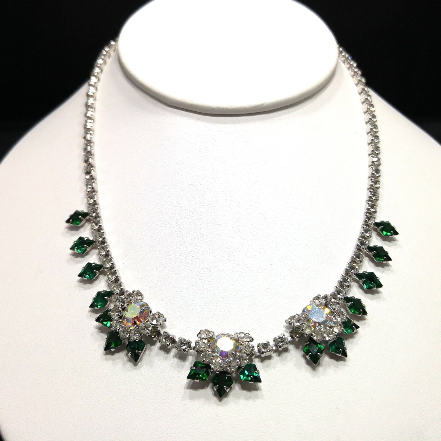 Vintage Green Clear Rhinestone Choker Necklace, Aurora Borealis, Rhodium Plated, 1960s Vintage Jewelry