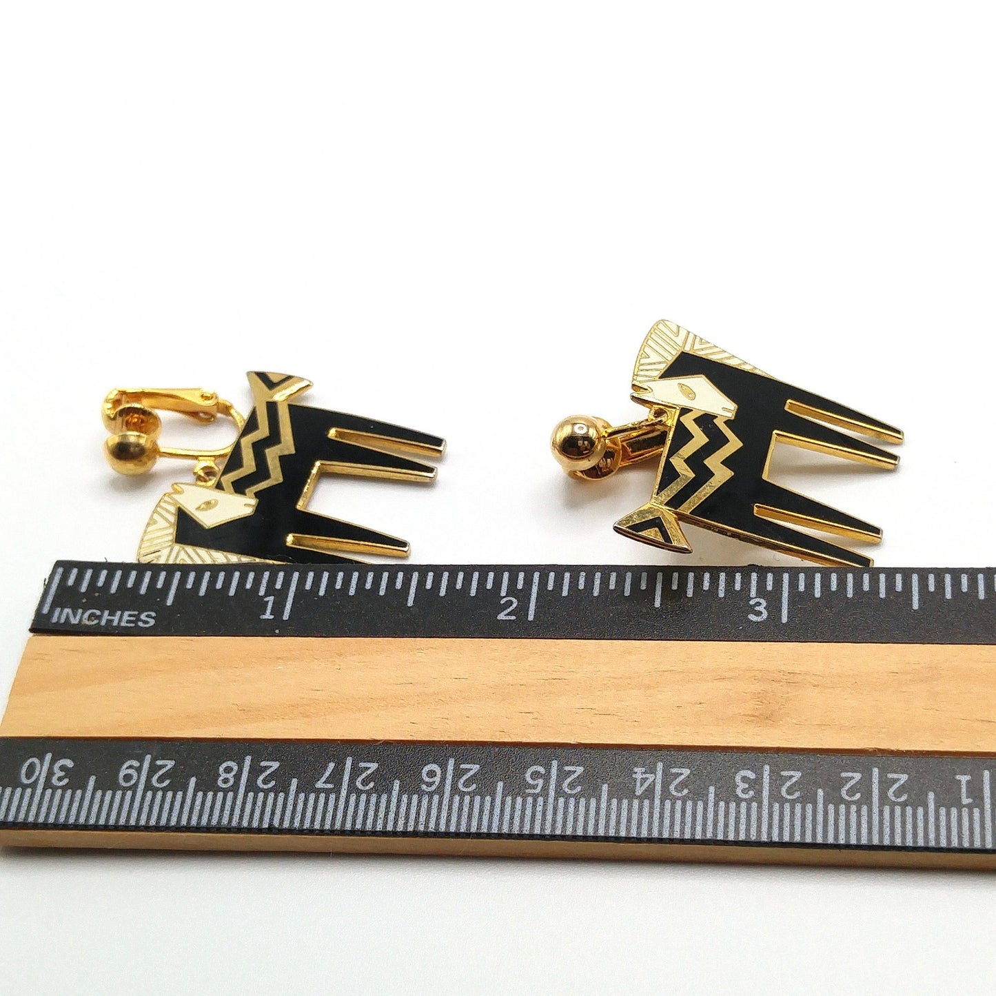 Laurel Burch "Temple Horse" Clip Earrings, Black White Enamel, Gold Plated, 1980s Vintage Jewelry