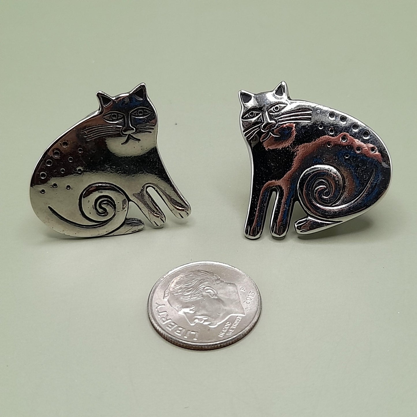Vintage Laurel Burch Keshire Cat Clip Earrings, Rhodium Plated