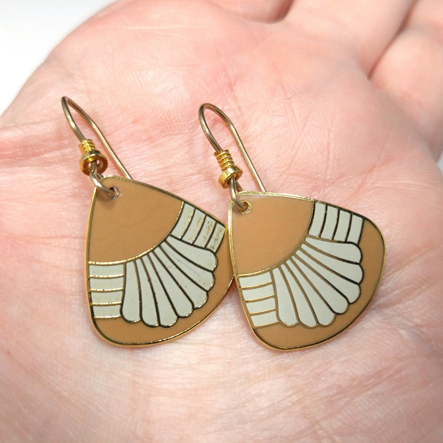Vintage Laurel Burch Waterfall Earrings, Gold Plated, Beige & Gray Enamel