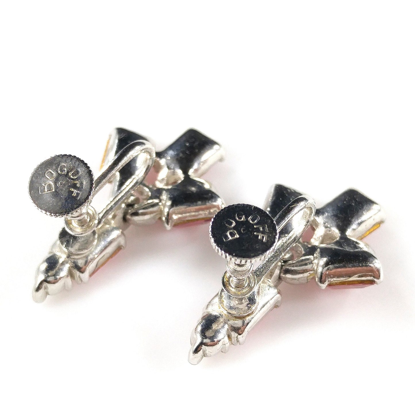 Bogoff Pink Rhinestone Screw Back Earrings, Rhodium Plated, 1950s Vintage Jewelry