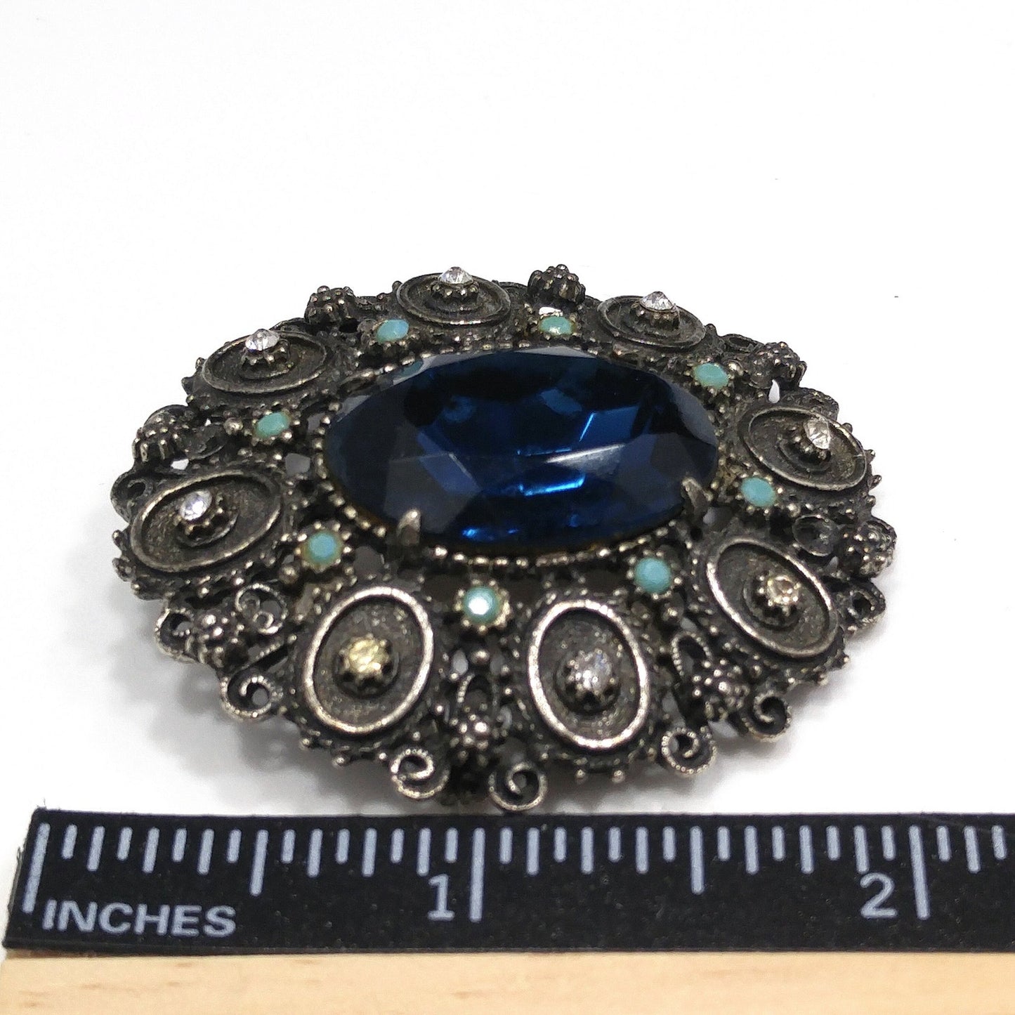 Florenza Blue Faceted Glass Brooch & Pendant, Antique Silver Tone, Gold Plated, 1950s Vintage Jewelry