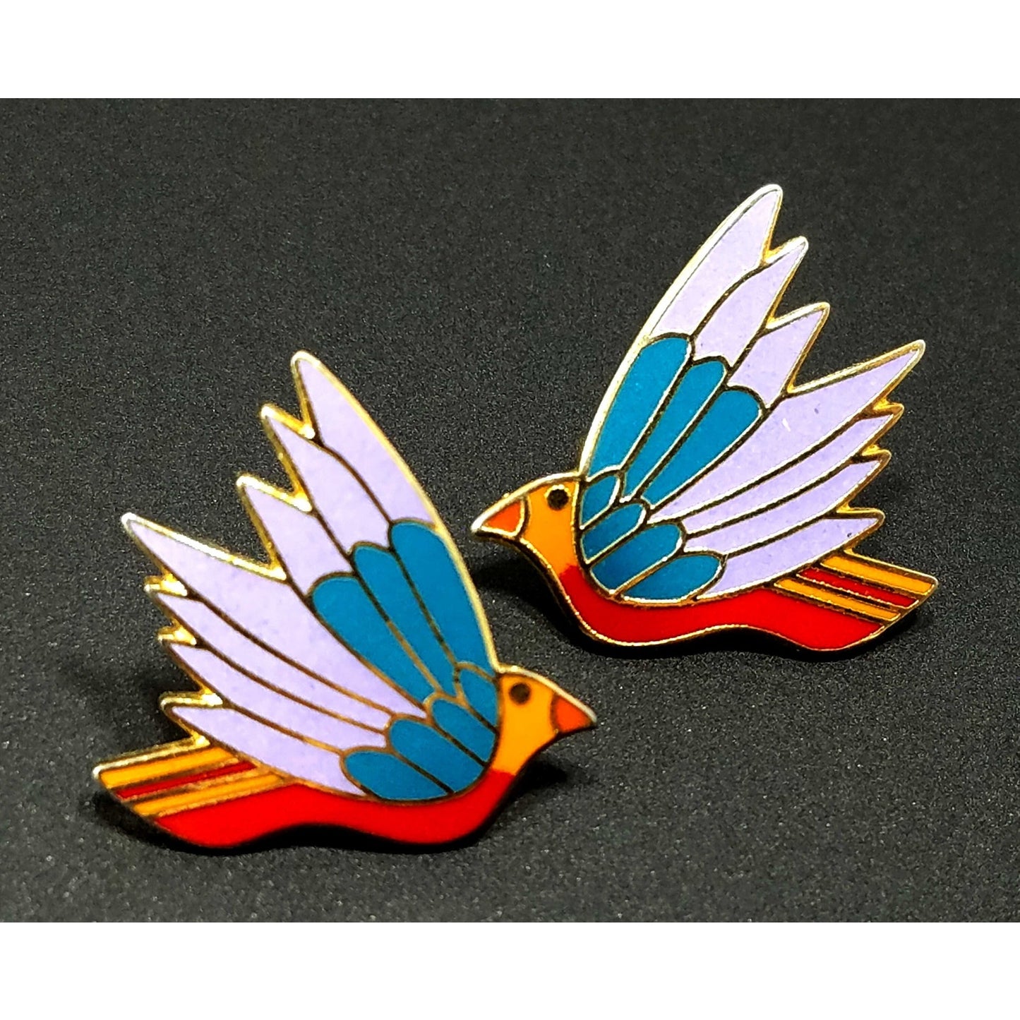 Laurel Burch "Celeste" Bird Earrings, Gold Plated Cloisonne Enamel, 1980s