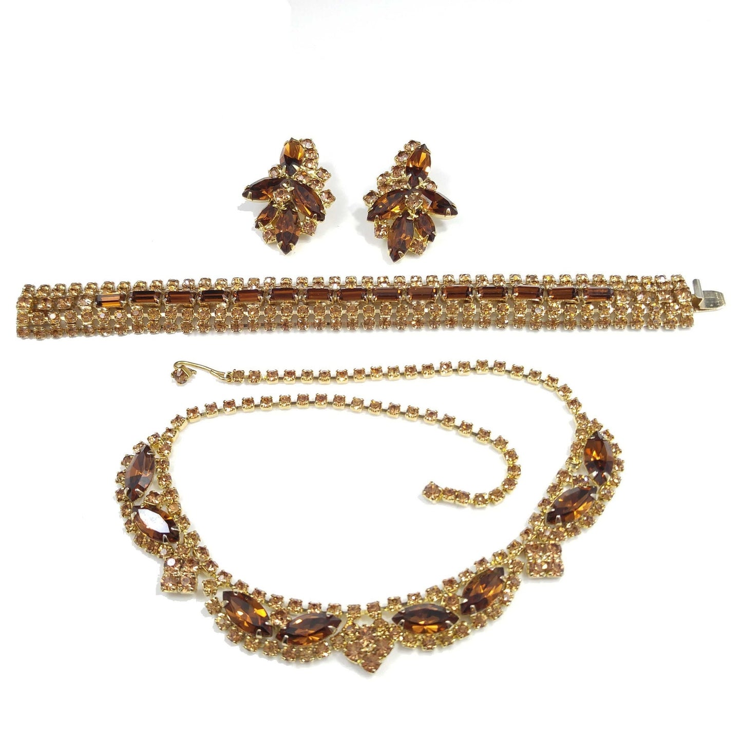 Vintage Rhinestone Jewelry Set: Necklace Bracelet Earrings, 1960s