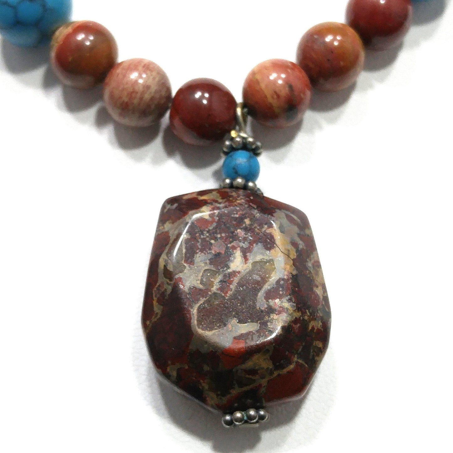 Gemstone Pendant Beaded Necklace, Red Jasper, 1980s Vintage Jewelry