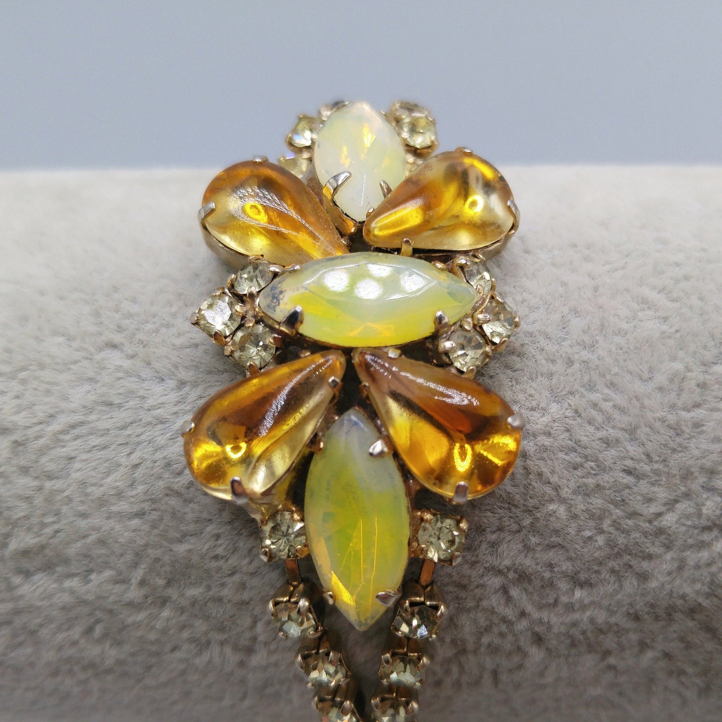 Topaz Opalescent Rhinestone Bracelet, Gold Plated, 1960s Vintage Jewelry