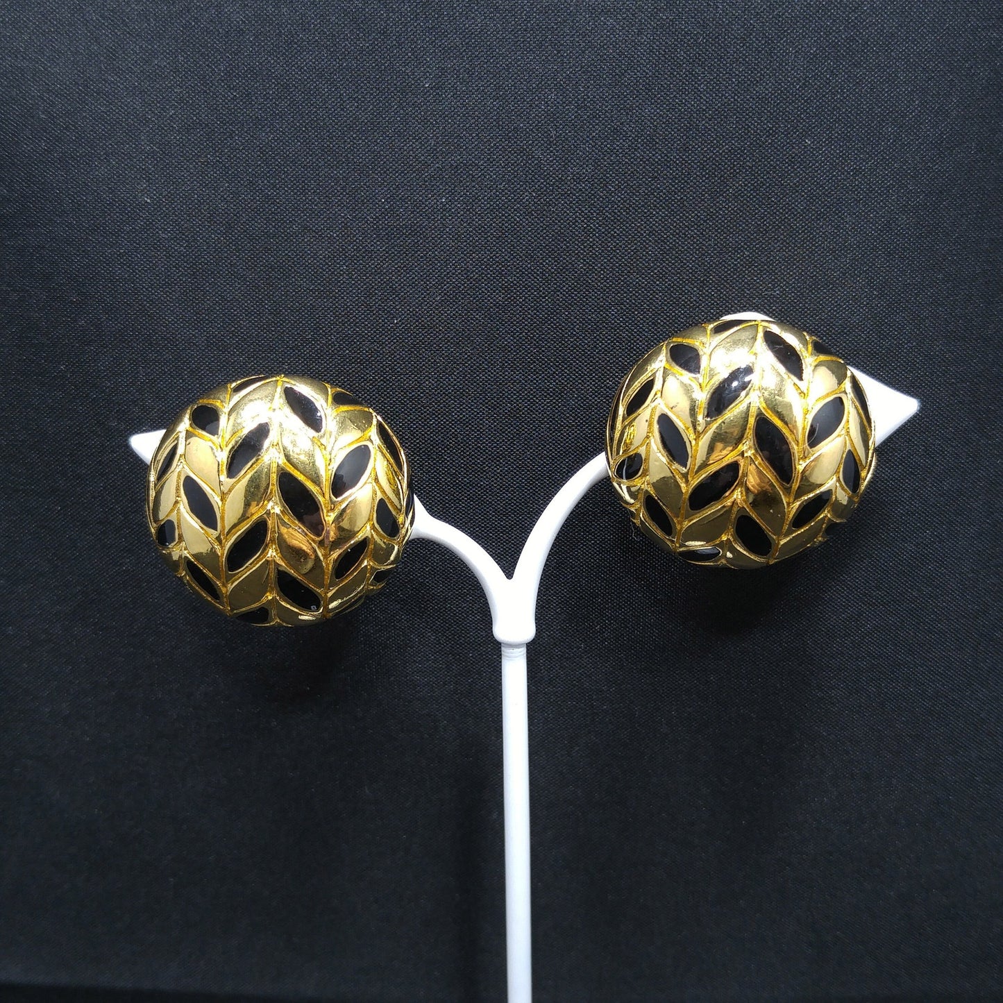 Ciner Gold & Black Clip Earrings, Gold Plated, Black Enamel, 1980s Vintage Jewelry