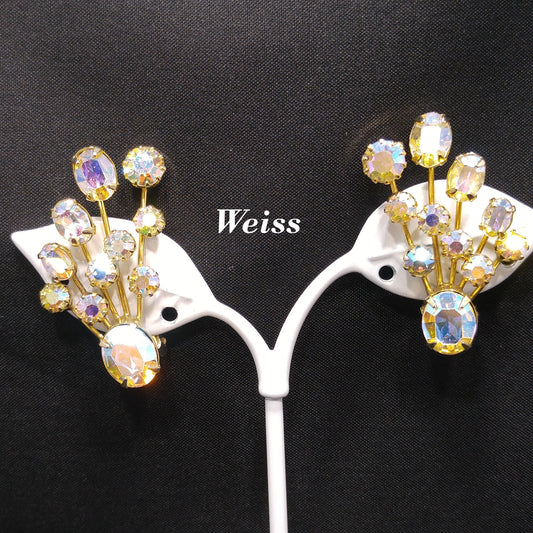 Weiss Aurora Borealis Ear Climber Earrings, Gold Plated, 1950s Vintage Jewelry