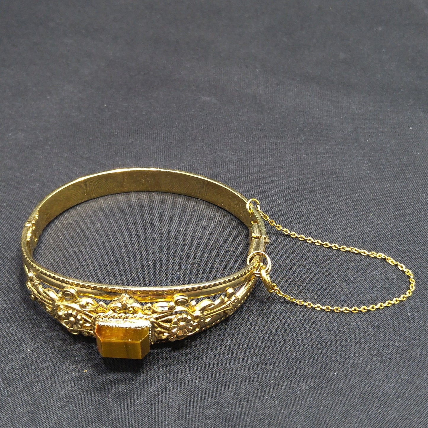 Gemstone Filigree Hinged Bracelet, Safety Chain, 1940s Vintage Jewelry