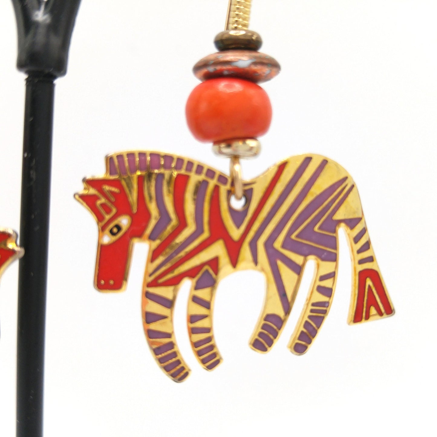 Laurel Burch "Wild Zebra" Earrings, Red Lavender Enamel, Gold Plated, 1980s Vintage Jewelry