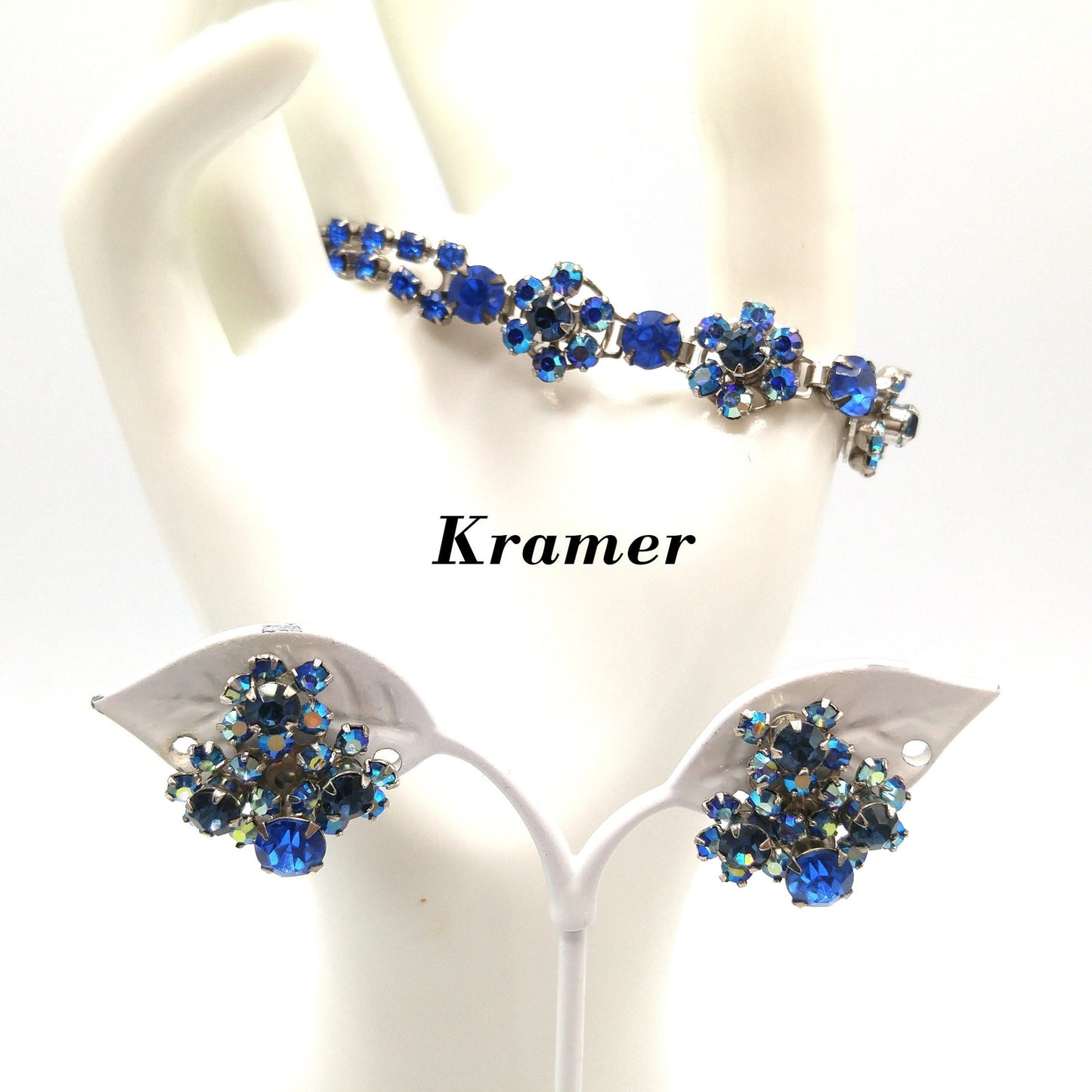 Kramer AB Blue Bracelet Clip Earrings Set, Aurora Borealis, 1960s Vintage Jewelry