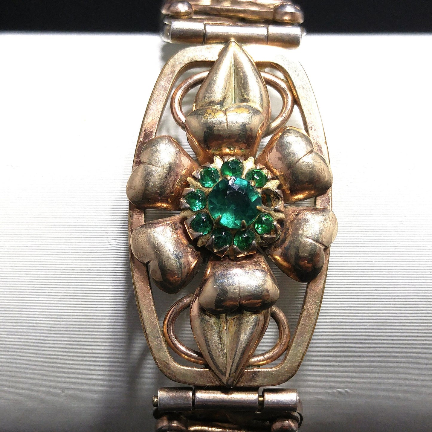 Antique Lustern Expansion Bracelet, 12KGF Sterling, Green Rhinestones, 1920s Vintage Jewelry