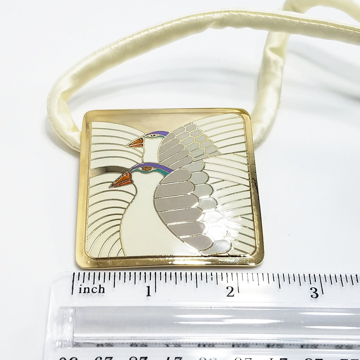 Vintage Laurel Burch "Moon Doves" Pendant Necklace, Gold Plated Cloisonne