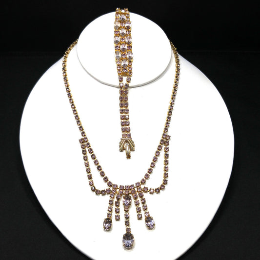Vintage Lavender Rhinestone Festoon Necklace Bracelet Set, Gold Plated, 1950s Vintage Jewelry