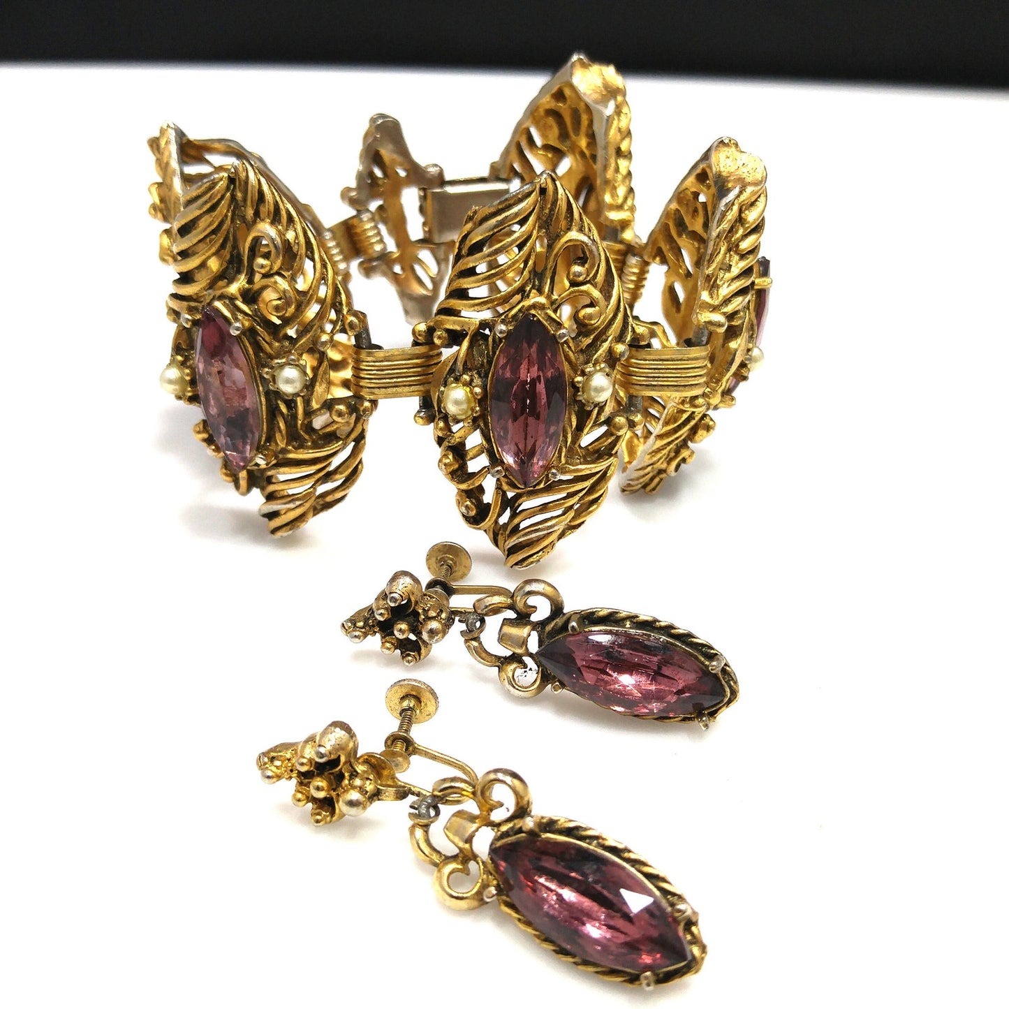 Mid-Century Purple Rhinestone Wide Bracelet Dangle Earrings Set, 1950s Vintage Jewelry