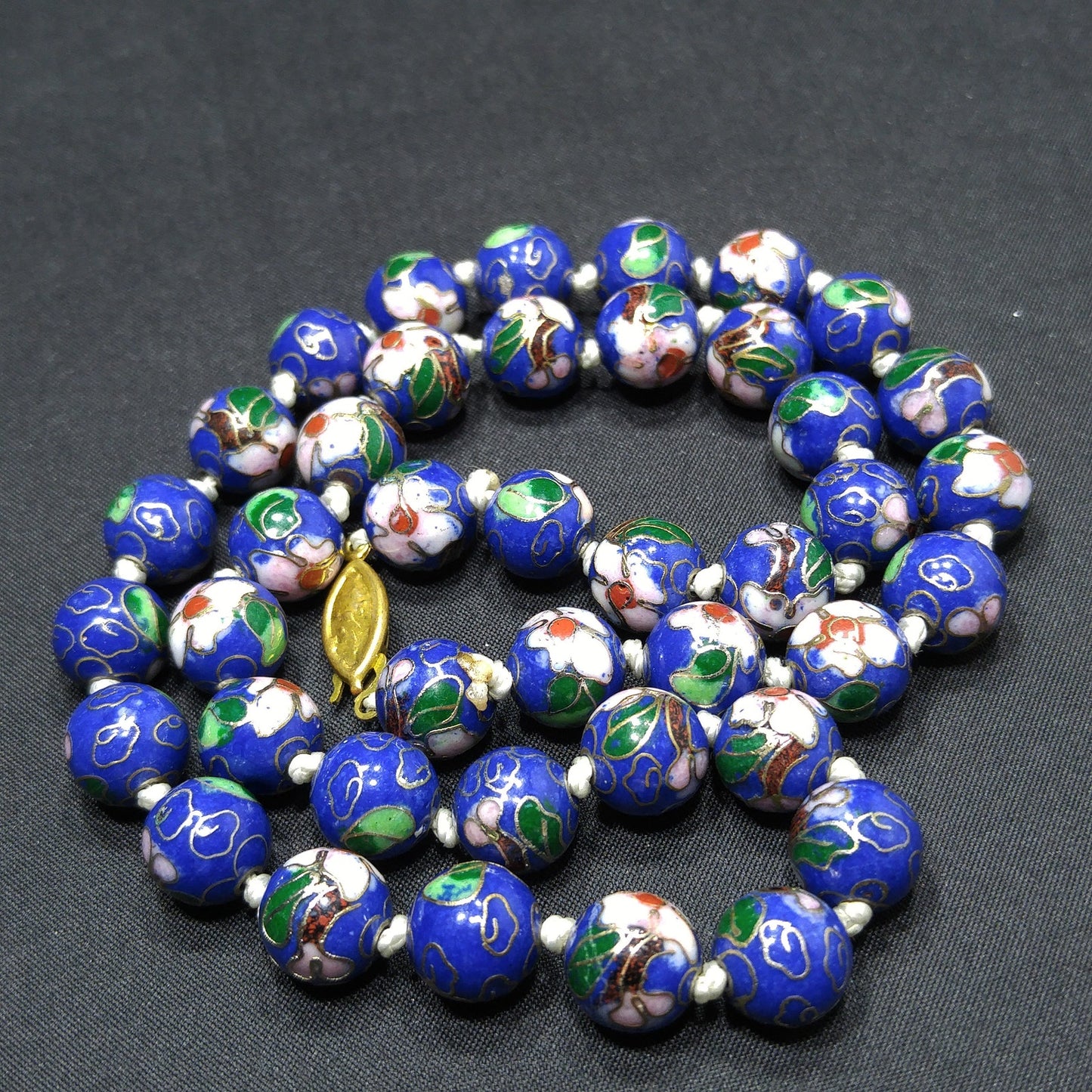 Cloisonne Blue Beaded Necklace, Floral Hand Painted Beads, 1960s Vintage Jewelry
