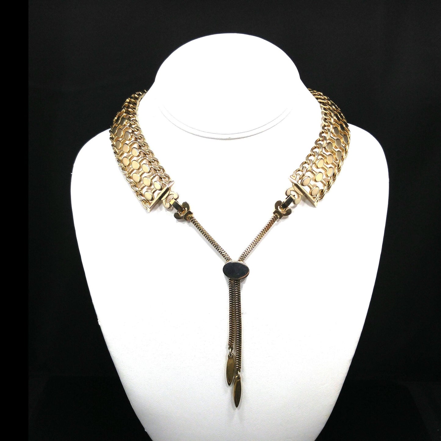 Mid Century MONET Collar Necklace, Tassel Down Back & Two Clasps, Gold Plated, 1950s Vintage Jewelry