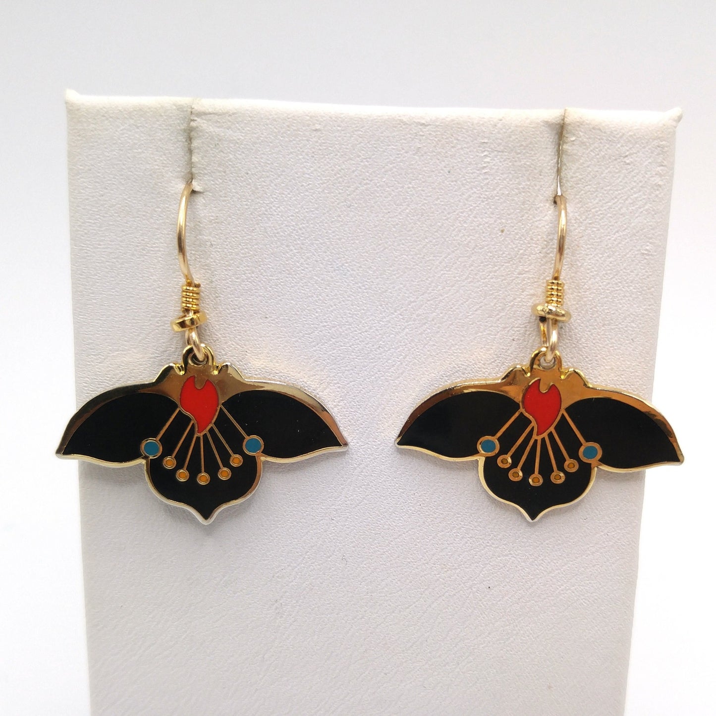 Vintage Laurel Burch "Desert Flower" Earrings, Black Red Enamel, Gold Plated, 1980s