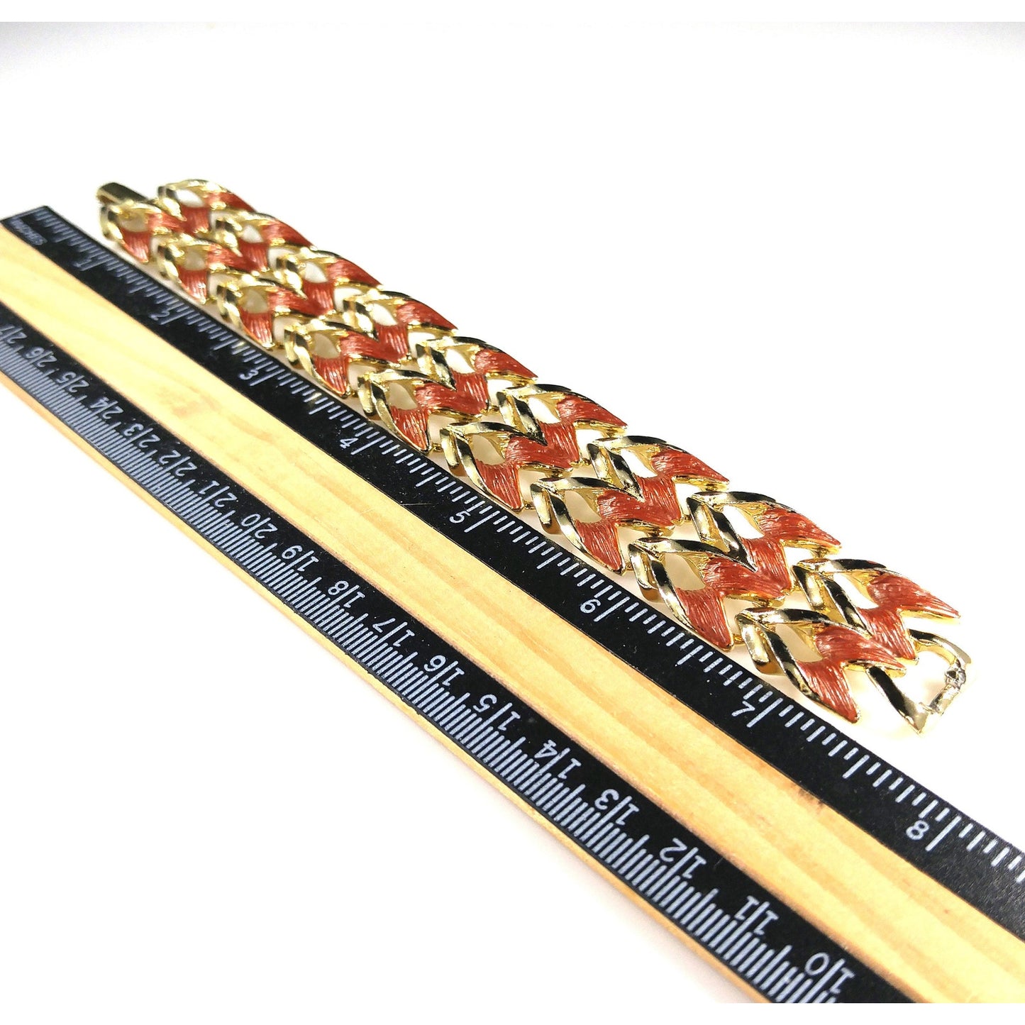 Rust Enamel Gold Plated Wide Link Bracelet, Mid Century Modern, 1950s Vintage Jewelry
