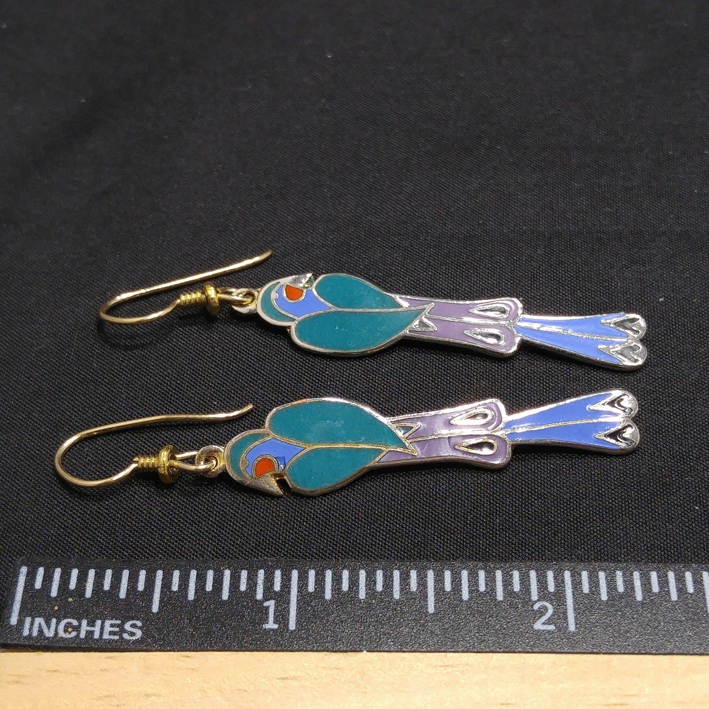 Laurel Burch "Mayan Bird" Long Earrings, Cloisonne & Enamel, 1980s Vintage