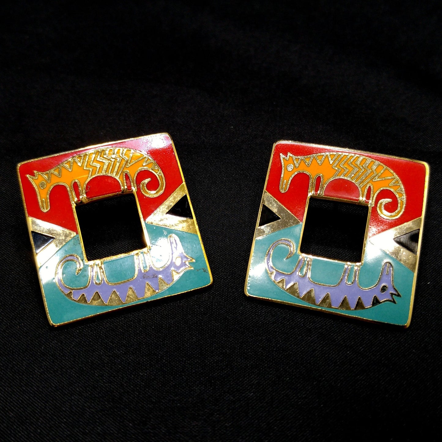 Laurel Burch "Primal Horse" Large Post Earrings, Gold Plated Cloisonné Enamel, 1980s Vintage Jewelry