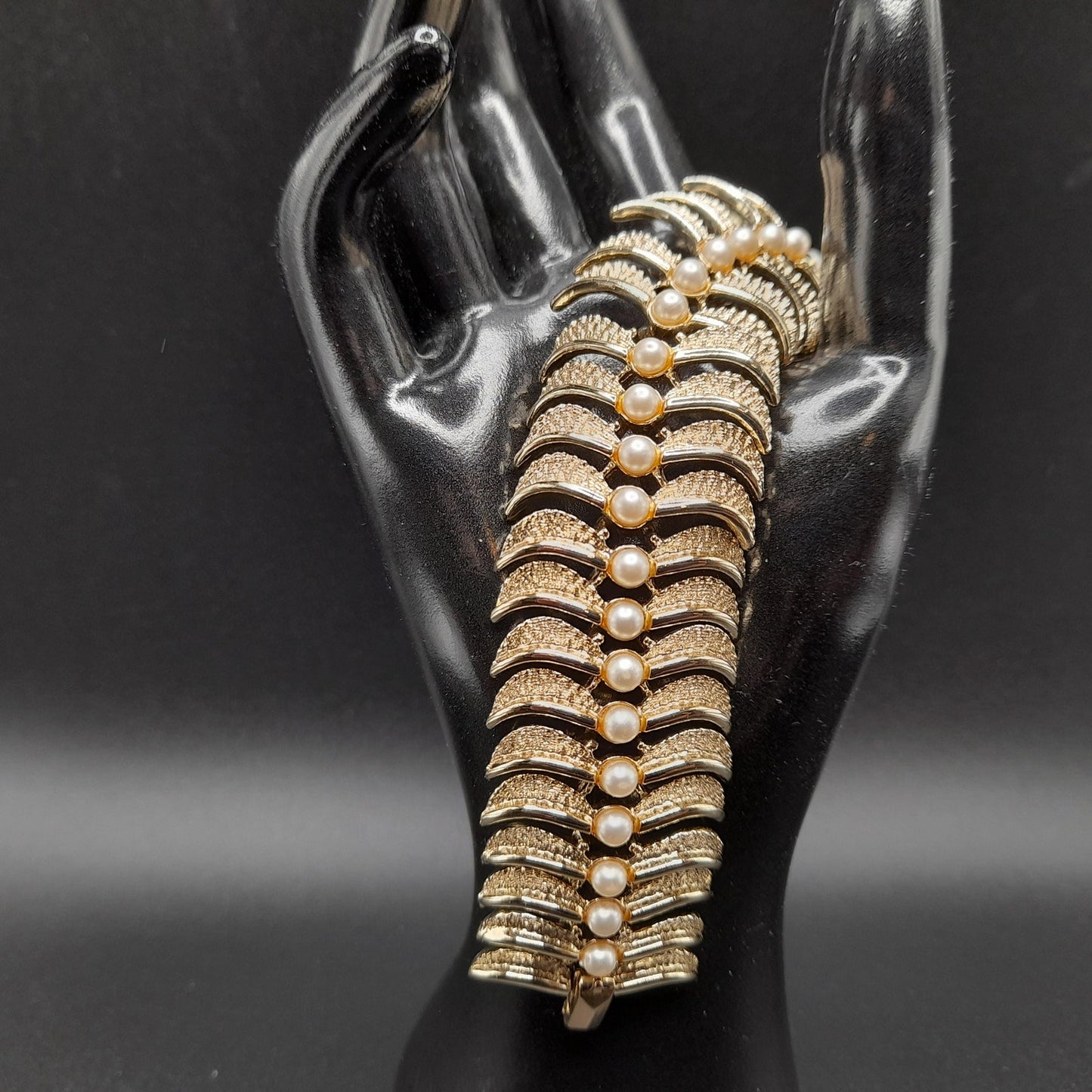 Vintage Kramer Wide Bracelet, Faux Pearls, Gold Plated, 1960s Jewelry