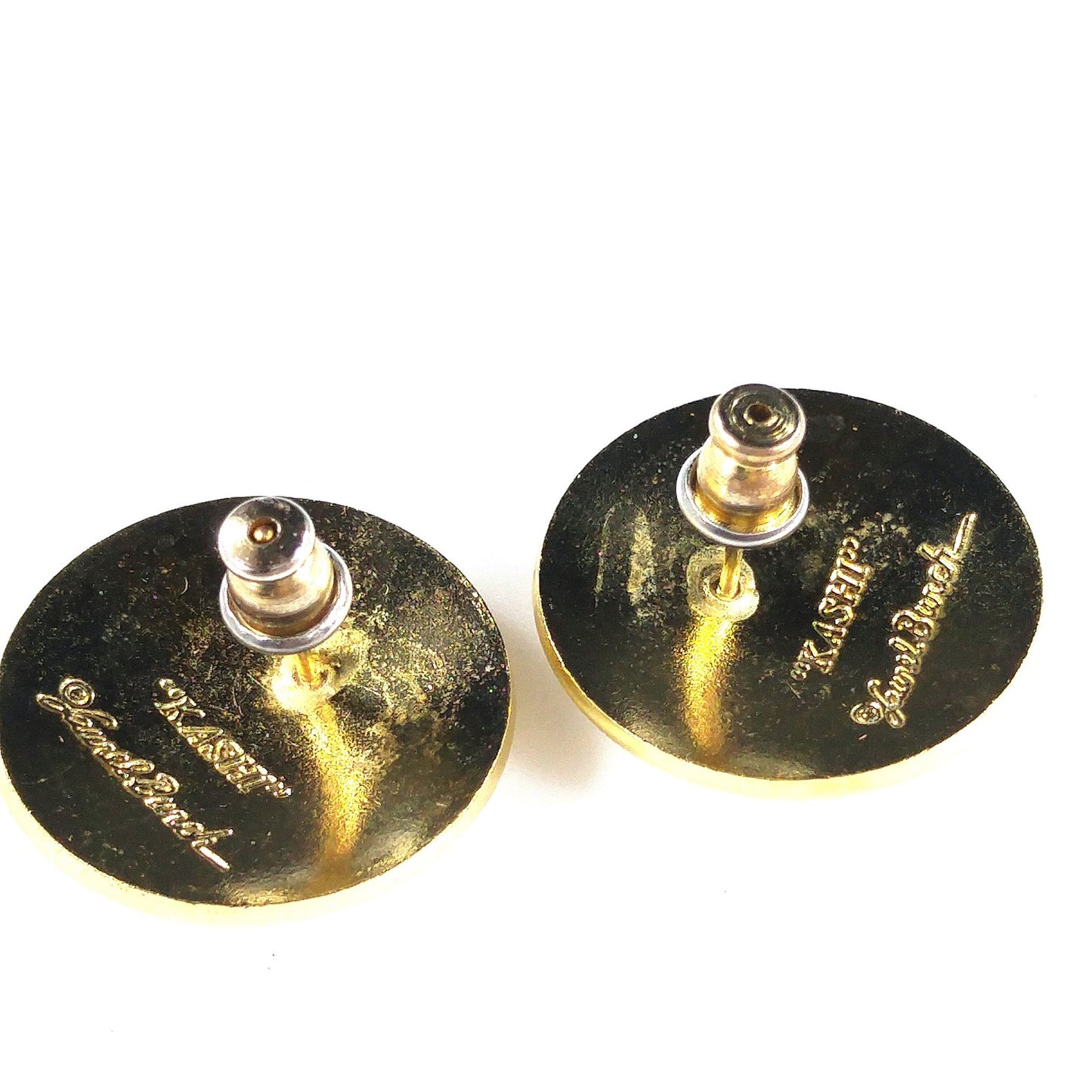 Laurel Burch "Kashi" Post Earrings, Cream & Gray Enamel, Gold Plated, 1980s