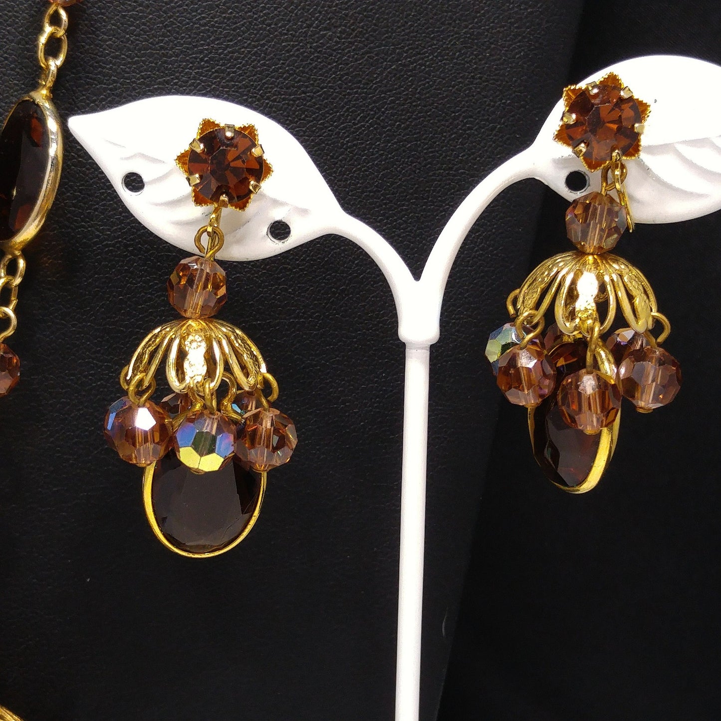 Filigree Chandelier Pendant Necklace & Earrings, Topaz Crystal Beads, 1970s Vintage Jewelry
