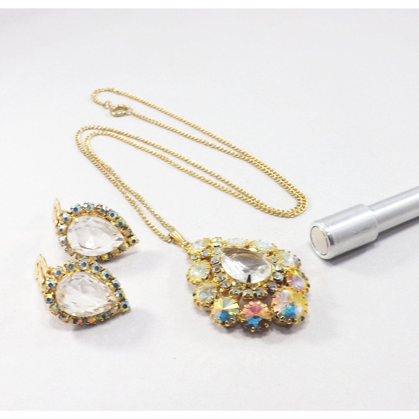 Vintage AB Pendant Necklace & Earrings, Rivoli Rhinestones, Gold Plated