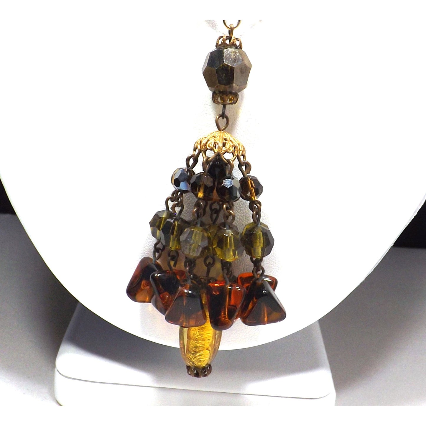 Gold Foil Art Glass Autumn Beaded Necklace, Multi-strand Tassel, 1970s Vintage Jewelry