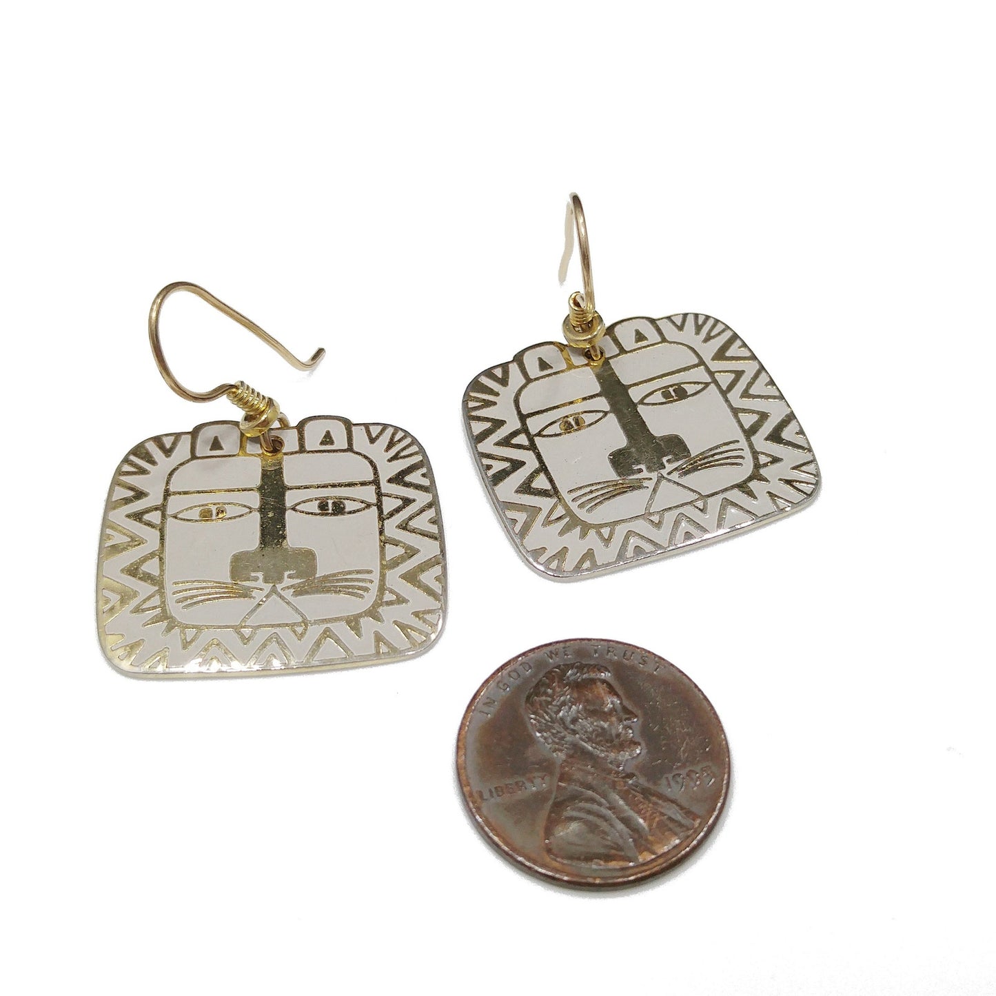 Vintage Laurel Burch "Cat Spirit" Earrings, Cream White Enamel, Gold Plated