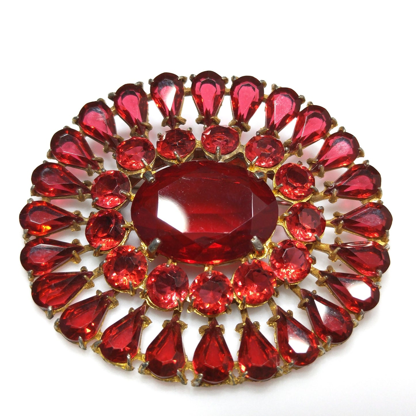 Large Red Rhinestone Sash Pin Brooch, Faceted Red Glass Stone Center, 1940s Vintage Jewelry