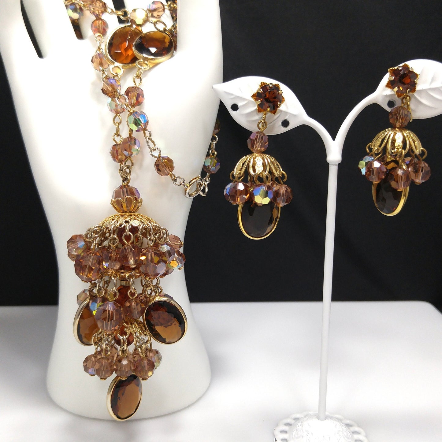 Filigree Chandelier Pendant Necklace & Earrings, Topaz Crystal Beads, 1970s Vintage Jewelry