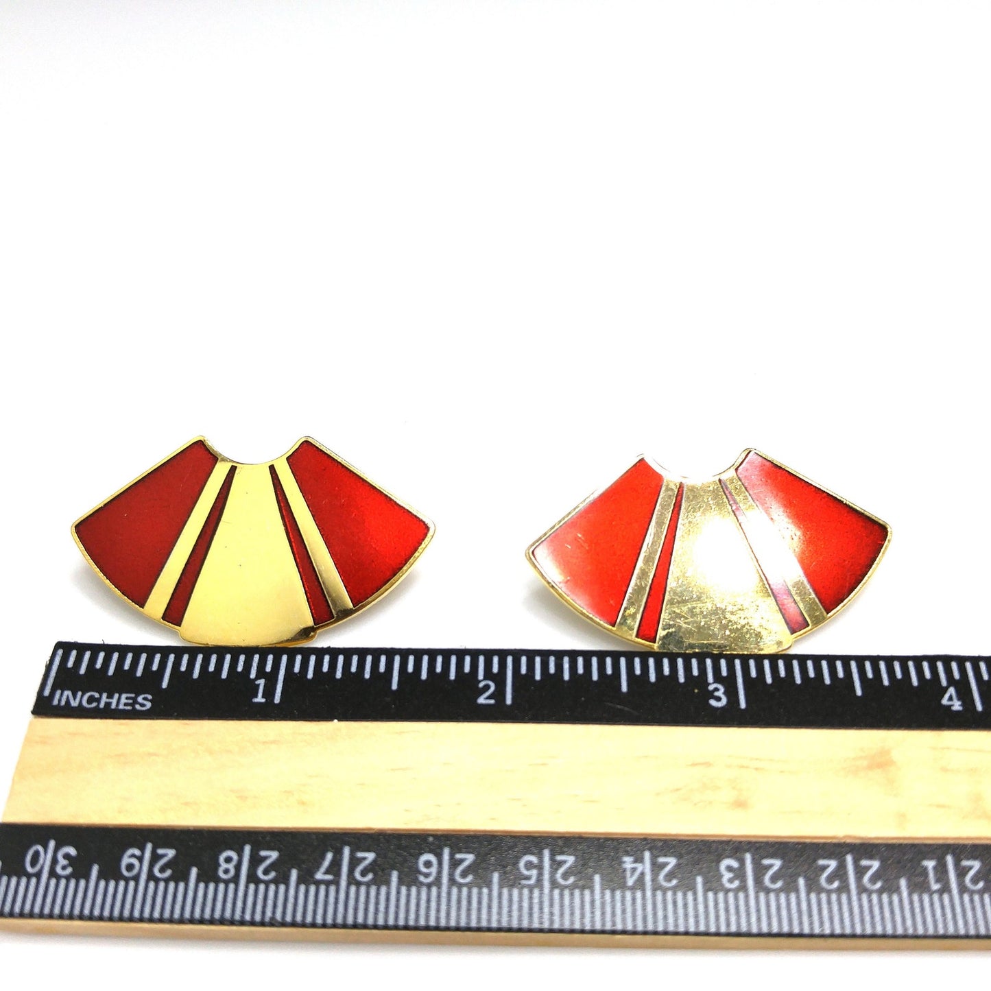 Laurel Burch Red Fan Post Earrings, Gold Plated, Red Metallic Enamel, 1980s