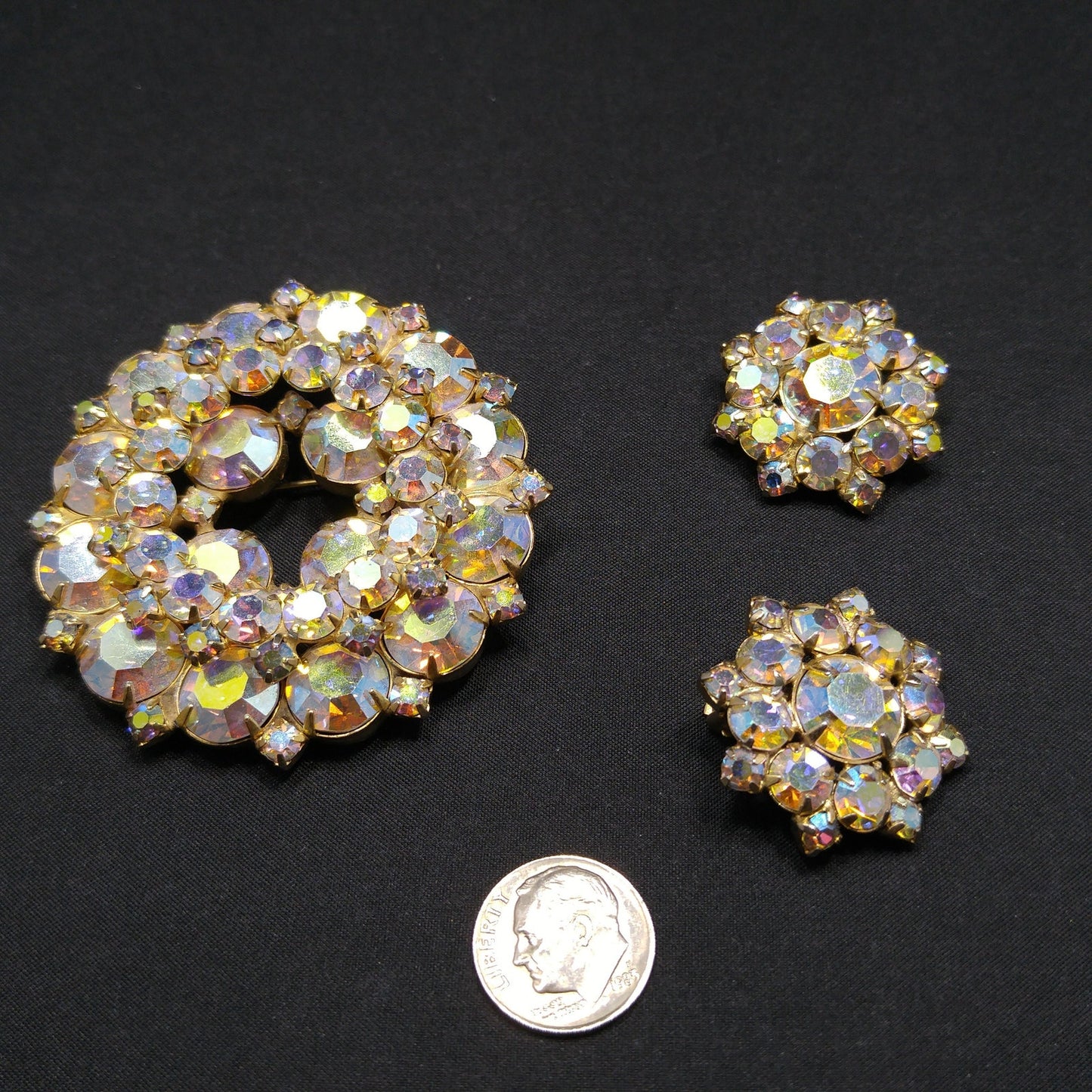 Vintage Unsigned Juliana or Weiss Brooch Earrings Set, Gold Plated, 1960