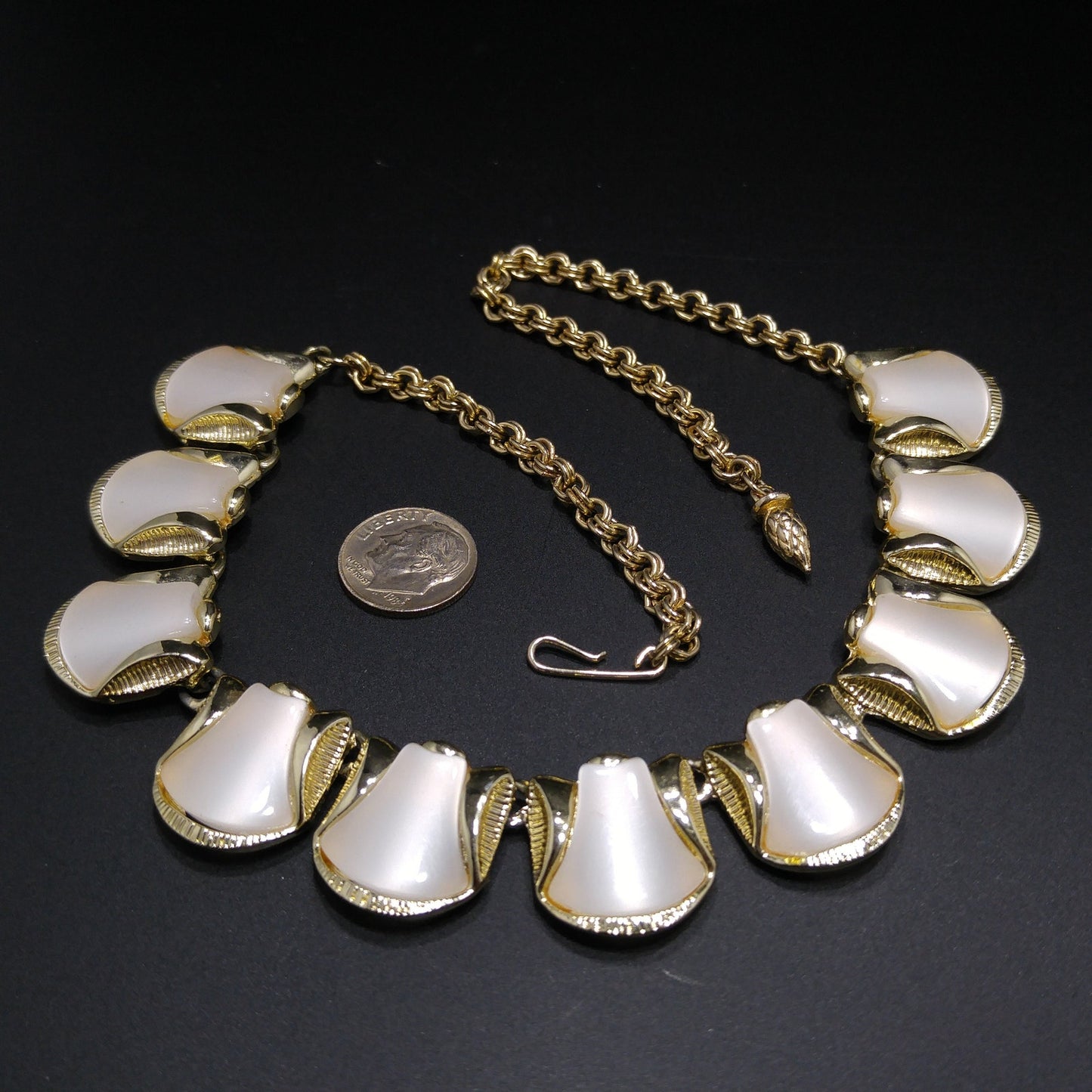 Mid-Century White Moonglow Choker Necklace, Gold Tone, 1950s Vintage Jewelry