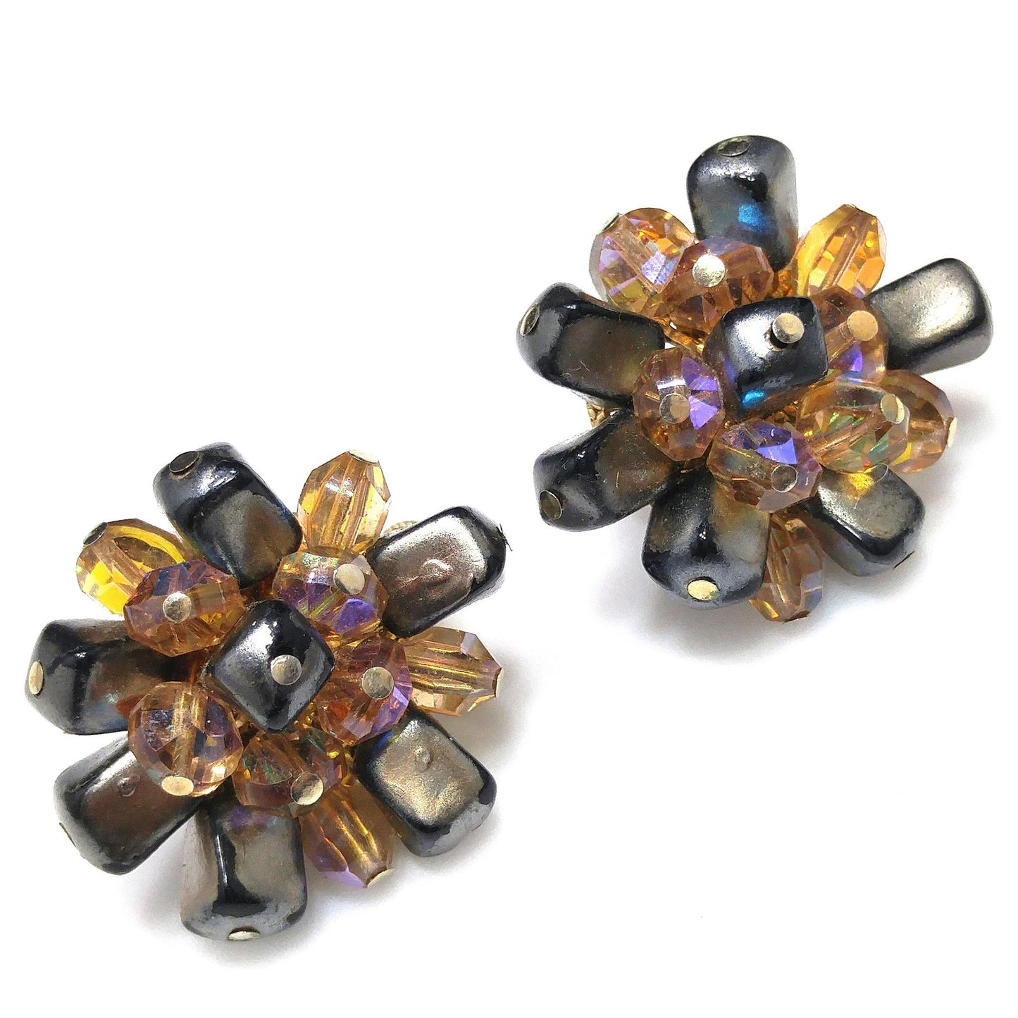 Vendome Beaded Clip Earrings, Brown Iridescent AB Topaz Beads, 1960s Vintage Jewelry